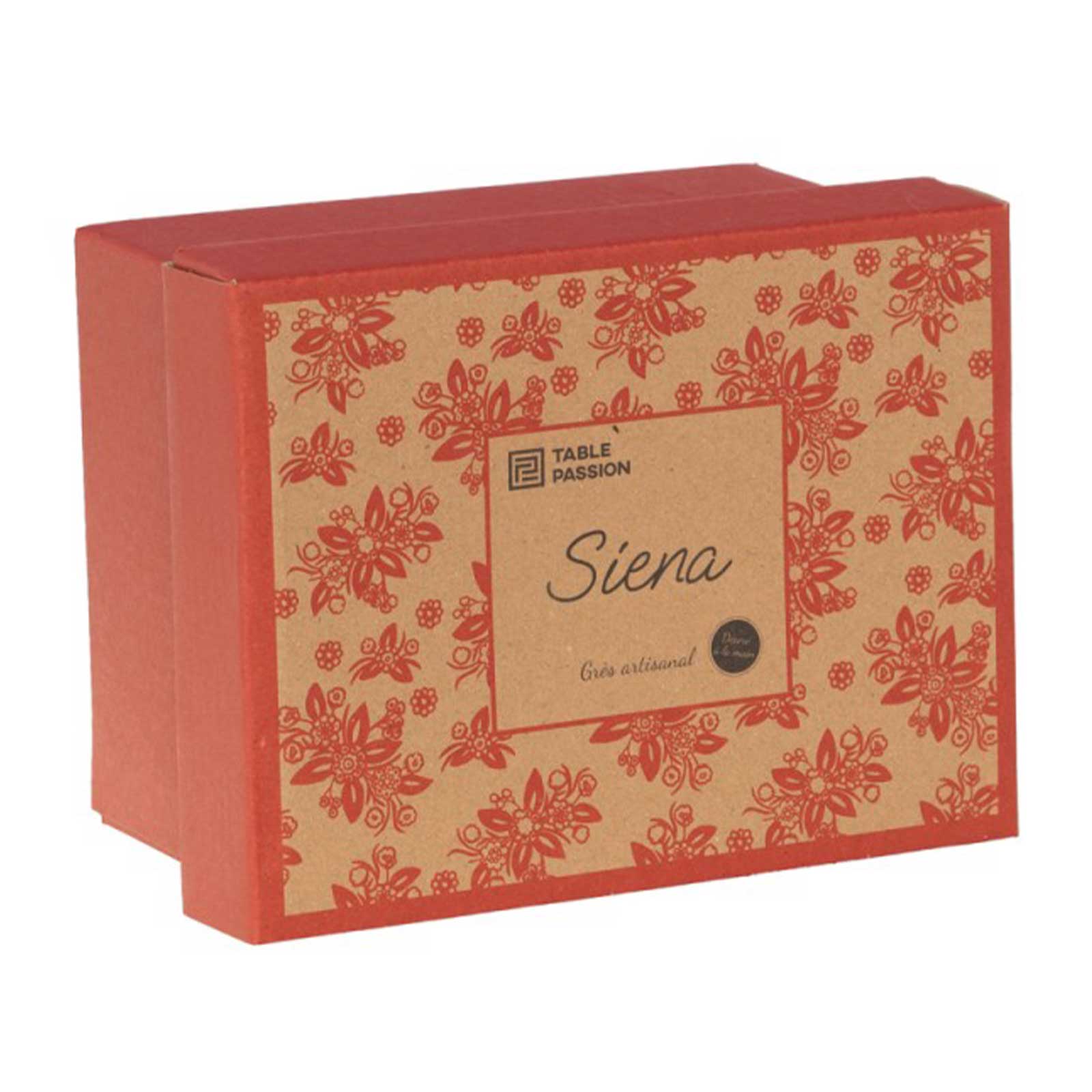 Boîte d'emballage rouge avec des motifs floraux rouges sur fond kraft, mettant en avant le nom 'Siena' et le logo 'Table Passion'