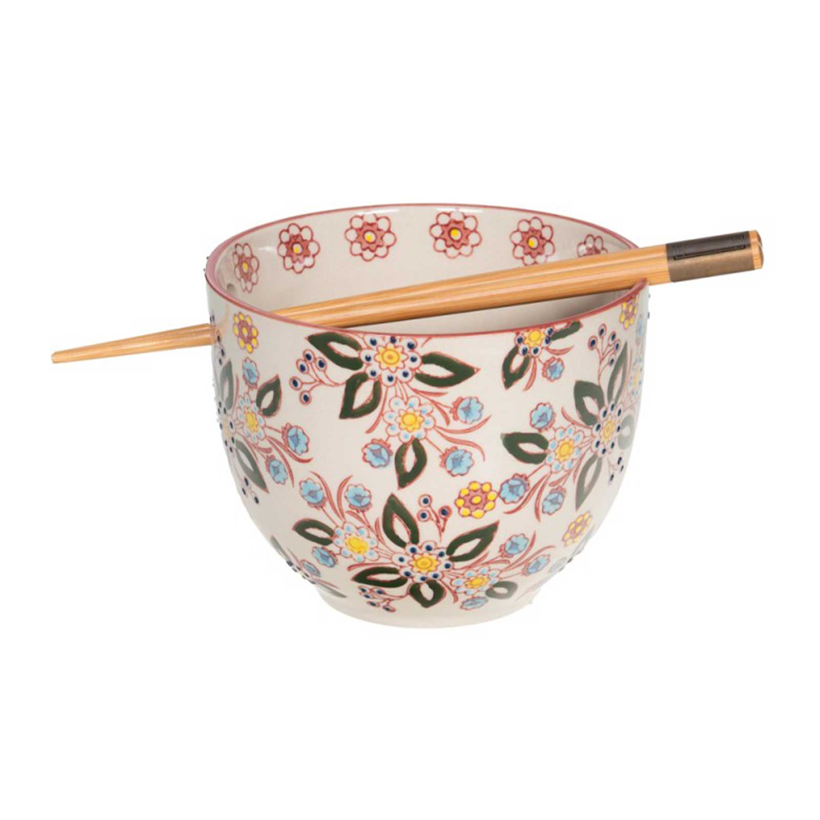 Bol en grès Bastide Siena D13cm avec décor floral coloré, accompagné de baguettes en bois naturel avec finition métallique sombre