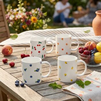 Quatre mugs en faïence blanche avec des motifs de fruits colorés : cerises, myrtilles, citrons et abricots, disposés sur une table en bois avec des fruits frais et des fleurs