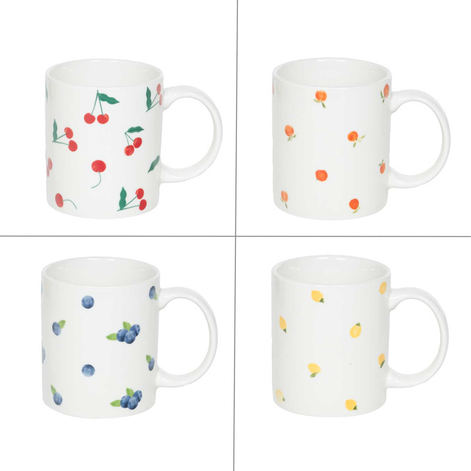 Mugs Bastide Bellanova en faïence blanche, lot de quatre, chacun décoré d'un motif de fruits colorés (cerises, abricots, myrtilles, citrons)