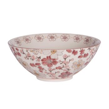 Saladier Bastide Kiyo 23cm en grès avec motif floral bordeaux, safran, crème et rose poudré