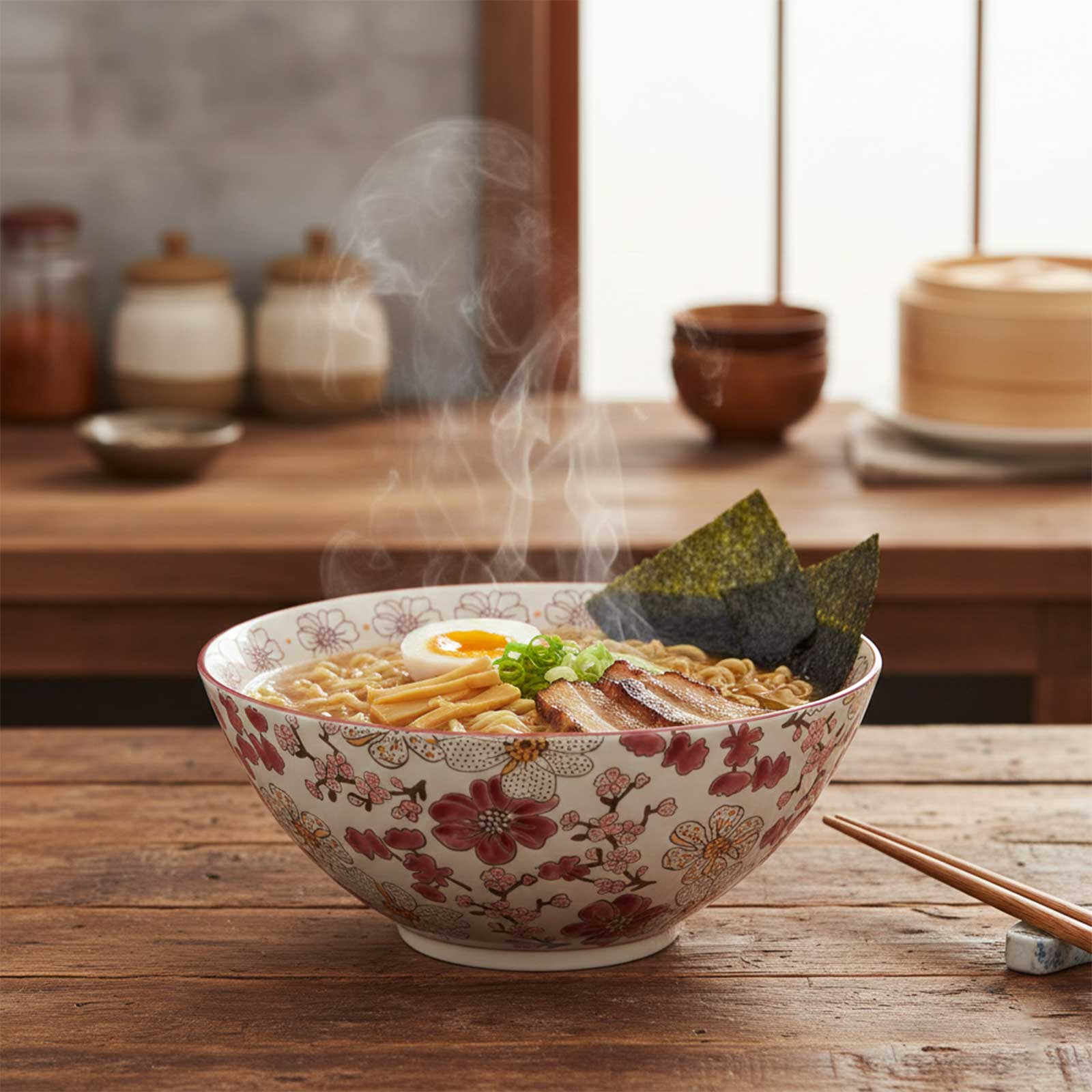 Saladier Bastide Kiyo 23cm orné d'un motif floral japonais de fleurs et branches dans des tons bordeaux, safran, crème et rose poudré, rempli de ramen fumants