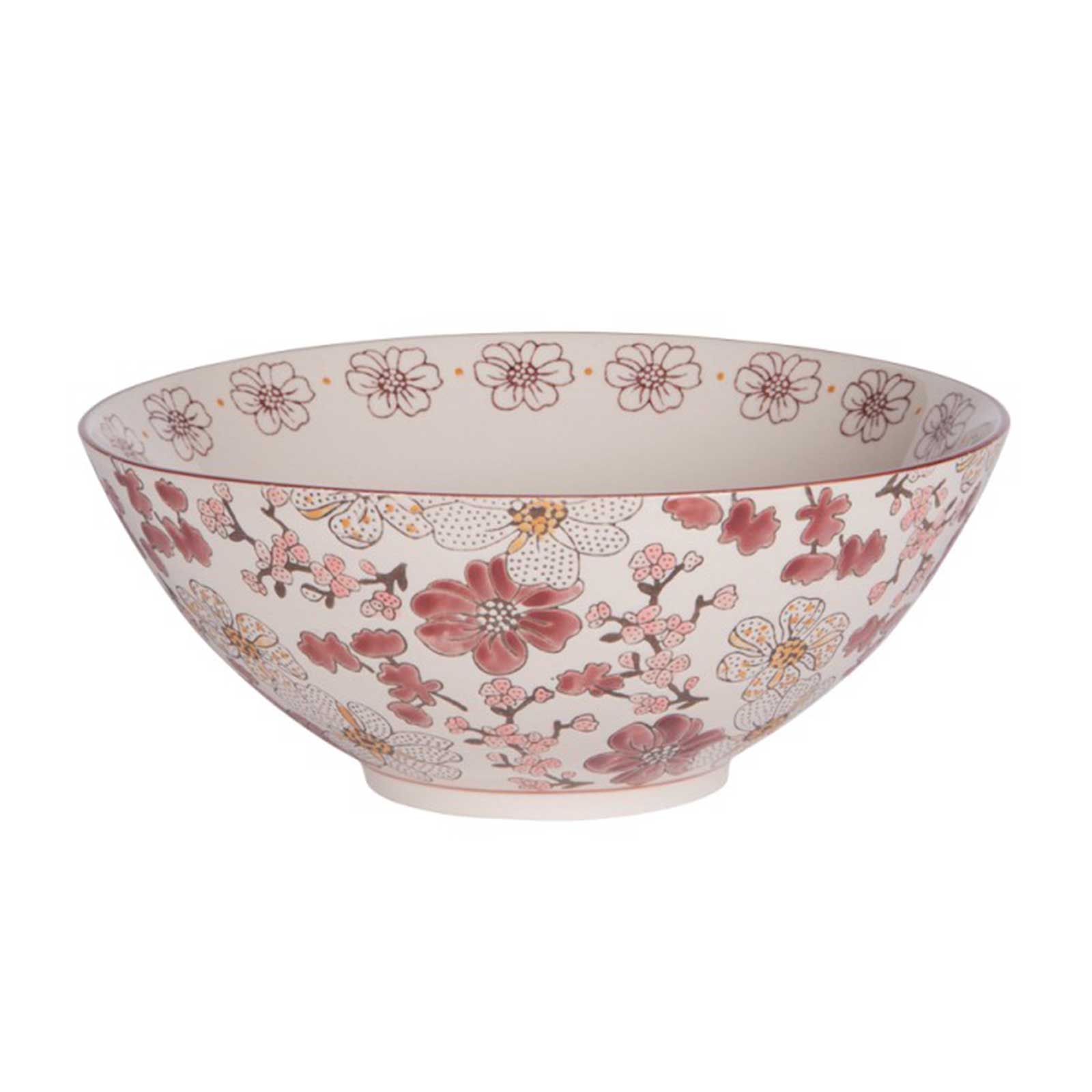 Saladier Bastide Kiyo 23cm en grès avec motif floral bordeaux, safran, crème et rose poudré