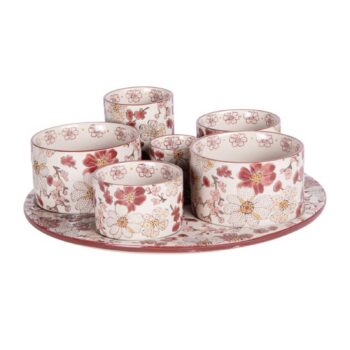 Service apéritif Kiyo Bastide 6 pièces en grès avec plateau rond, motifs floraux bordeaux, safran, crème et rose poudré