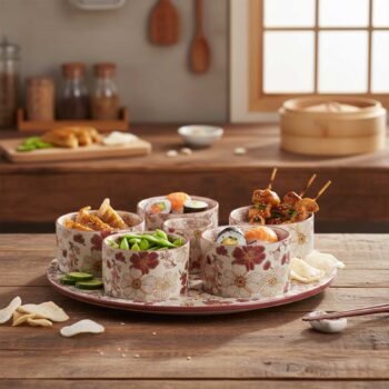 Service apéritif Kiyo avec plateau rond et 6 bols décorés de motifs floraux, remplis de sushis, brochettes, edamame et chips