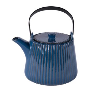 Théière Bastide Tiao bleu foncé 1L en grès émaillé avec filtre intégré et anse noire, côtes verticales texturées