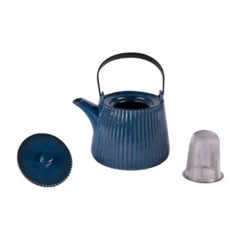 Théière Bastide Tiao bleu foncé en grès émaillé avec son couvercle et son filtre en acier inoxydable, capacité 1 litre