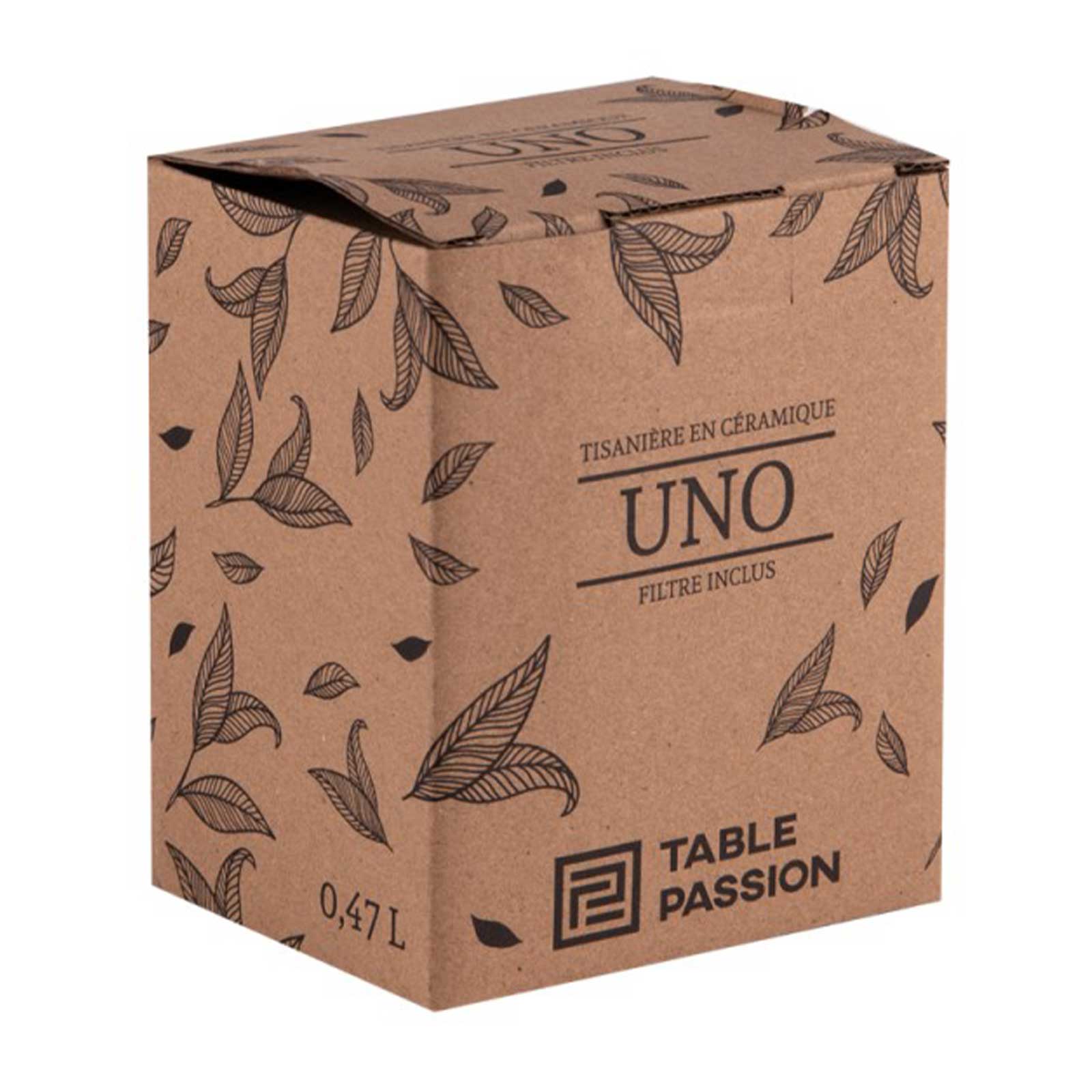 Boîte en carton brun avec motif de feuilles stylisées, indiquant 'Tisanière en céramique UNO Filtre inclus' et 'Table Passion', capacité 0,47L