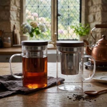 Deux tisanières en verre borosilicate avec couvercle en bois, l'une remplie d'infusion ambrée, l'autre vide, sur une table en bois.