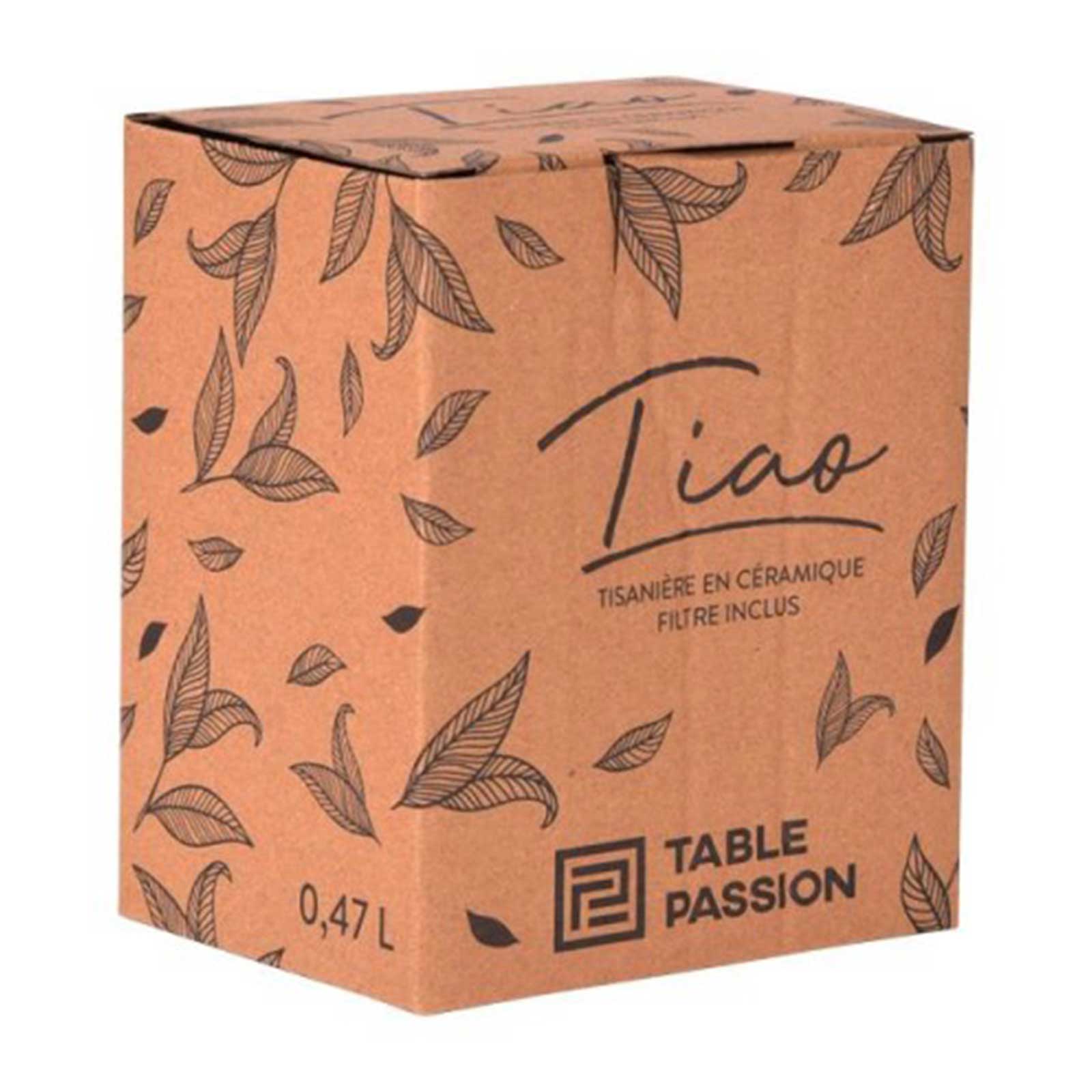 Boîte en carton marron avec motif de feuilles stylisées, indiquant "Tiao Tisanière en céramique Filtre inclus" et "Table Passion 0,47L"