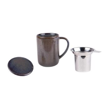 Tisanière Bastide Tiao gris noir avec couvercle et infuseur en inox, capacité 47cl, en grès avec côtes verticales