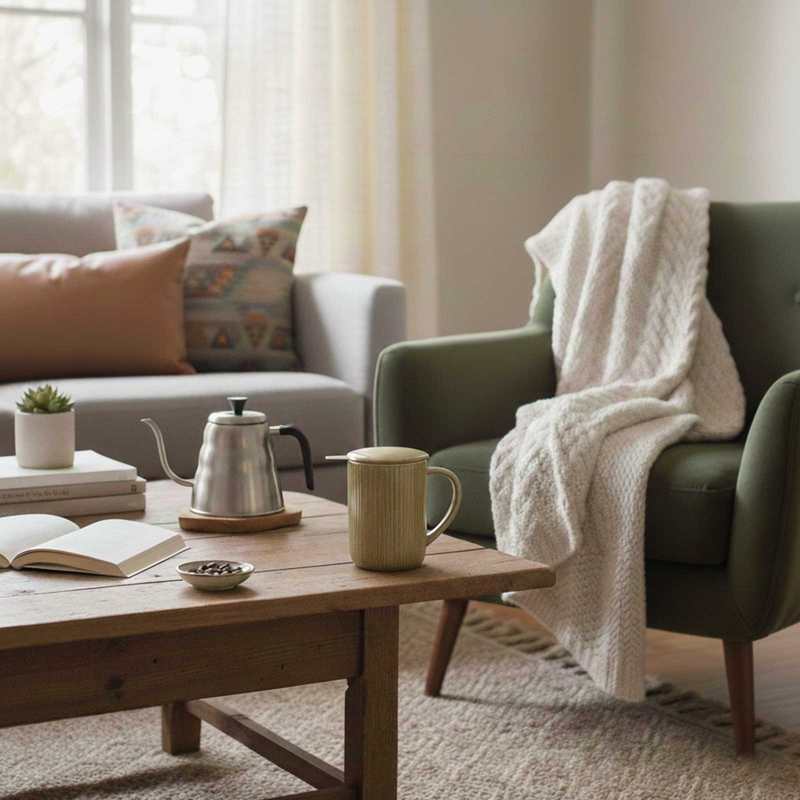 Tisanière Bastide Tiao vert orange avec couvercle et infuseur en inox, posée sur une table en bois avec une théière et des grains de café