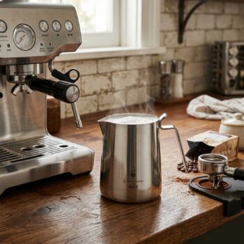 Pot à lait Bialetti en inox brossé avec de la mousse de lait fumante, à côté d'une machine à expresso et d'un paquet de café