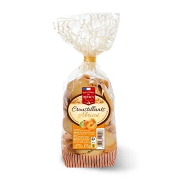 Sachet transparent de Croustillants Abricot 175g de Biscuiterie du Quercy, avec illustration d'abricots et mention "sans colorants"