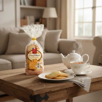 Paquet de Croustillants abricot de Biscuiterie du Quercy, avec une tasse de thé fumante et des biscuits sur une assiette