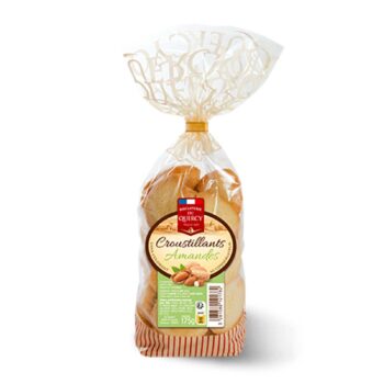 Sachet transparent de croustillants amandes Biscuiterie du Quercy dorés et croquants, étiquette ovale avec logo et amandes, lien doré