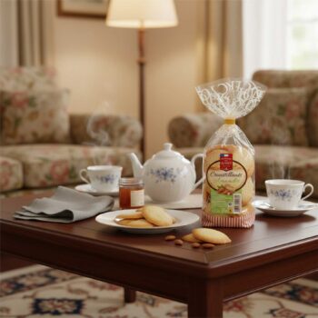 Paquet de Croustillants amandes de Biscuiterie du Quercy sur une table en bois, avec des biscuits servis dans une tasse et une théière