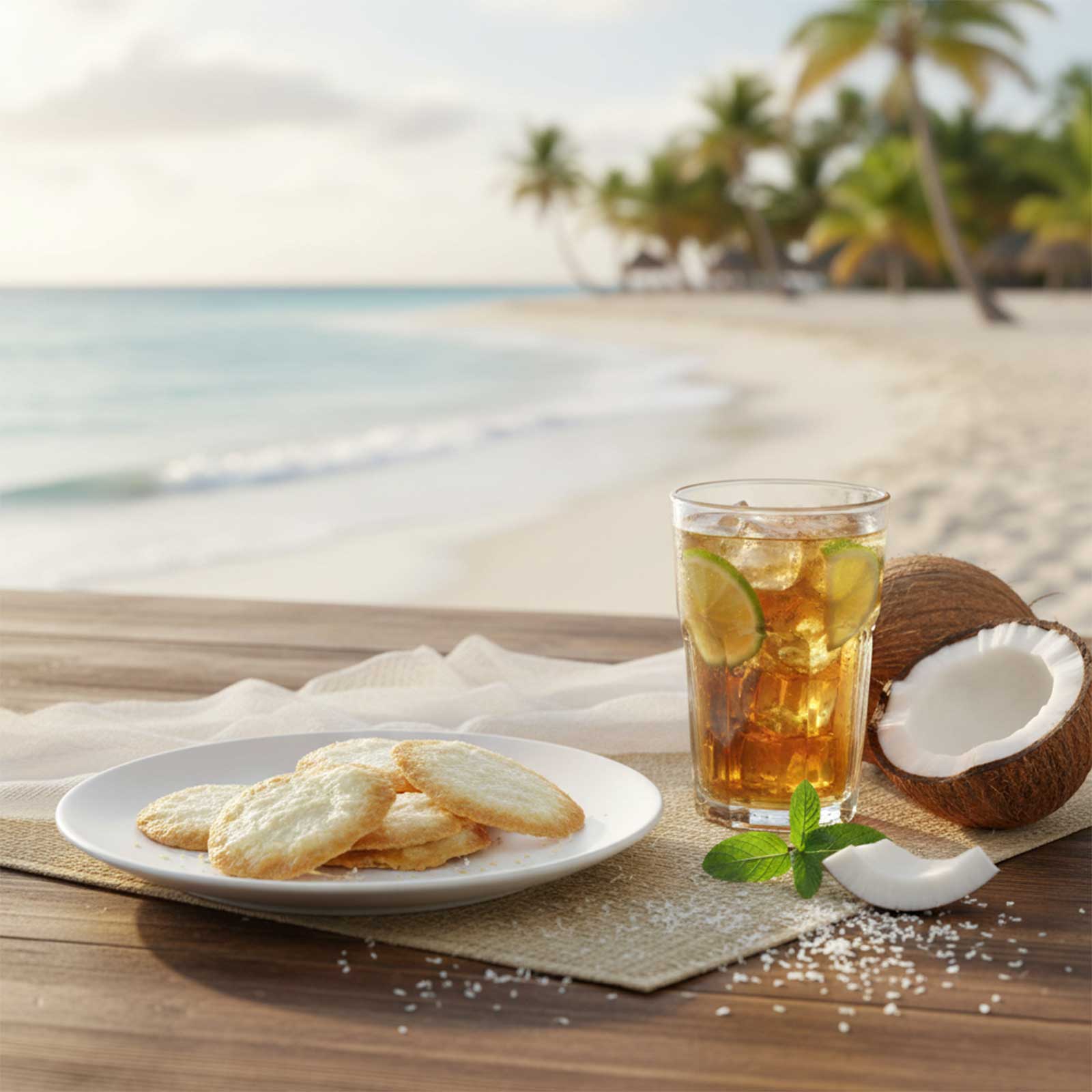 Biscuits croustillants à la noix de coco sur une assiette, à côté d'un verre de boisson glacée et d'une noix de coco coupée, sur fond de plage tropicale