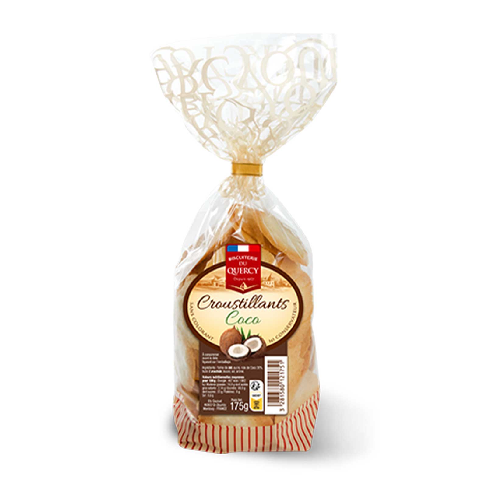 Sachet transparent de Croustillants noix de coco Biscuiterie du Quercy 175g, mettant en valeur les biscuits dorés et l'étiquette aux tons bruns et blancs.