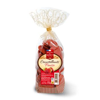Sachet transparent de croustillants fraise Biscuiterie du Quercy, 175g, avec des biscuits rouges en forme de carrés et des fraises sur l'étiquette