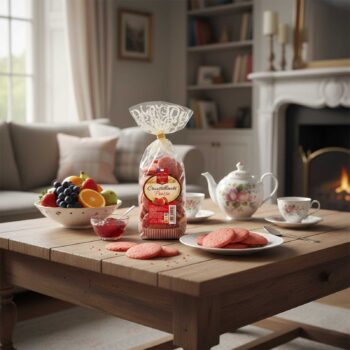 Paquet de biscuits croustillants à la fraise sur une table en bois, avec une tasse de thé, un bol de fruits et de la confiture de fraise