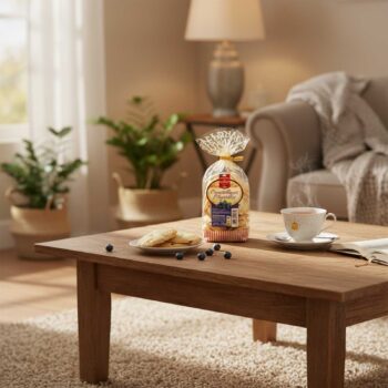 Biscuits croustillants aux myrtilles dans leur emballage transparent, posés sur une table en bois avec une tasse de thé fumante et quelques myrtilles fraîches