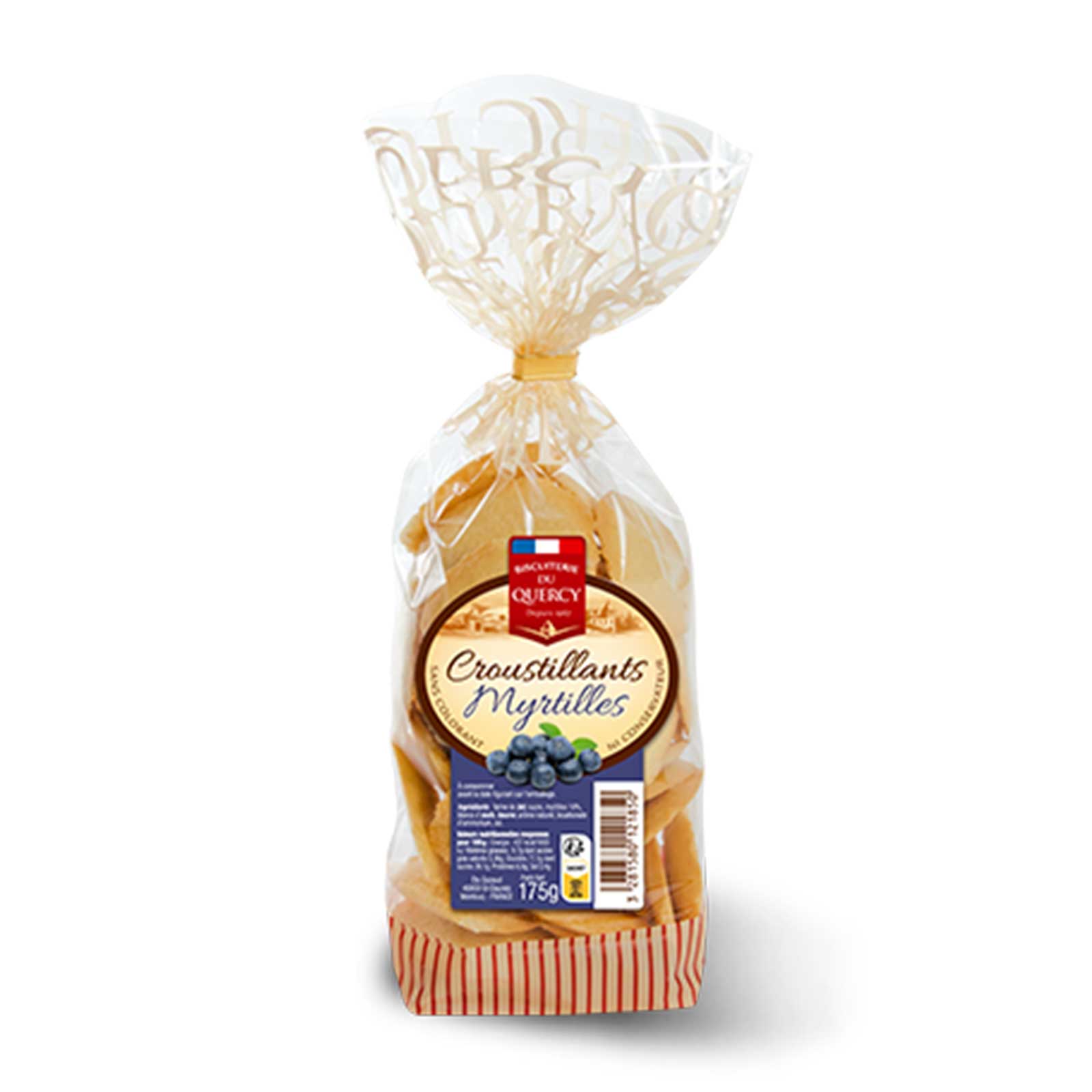 Sachet transparent de croustillants myrtille Biscuiterie du Quercy 175g, avec myrtilles visibles et étiquette ovale rouge et dorée