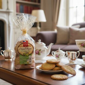 Sachet de croustillants pistache de Biscuiterie du Quercy posé sur une table en bois, avec des biscuits disposés sur une assiette à côté, et une théière et des tasses fleuries en arrière-plan.