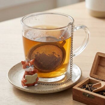 Boule à thé en acier inoxydable avec une figurine de chat roux portant des lunettes et lisant un livre, suspendue dans une tasse de thé