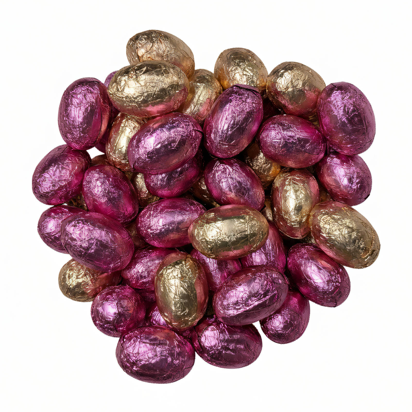 Sachet transparent rempli d'oeufs de Pâques pralinés en emballage aluminium rose et doré, fermée par un ruban vert et un nœud