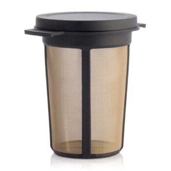 Filtre à thé permanent TEELI cylindrique noir avec tamis fin doré, couvercle 2-en-1, sur fond blanc