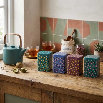 Quatre boîtes à thé Jules aux motifs léopard colorés (turquoise, bleu, violet, vert menthe) disposées sur un plan de travail en bois, avec une théière et des tasses en arrière-plan.