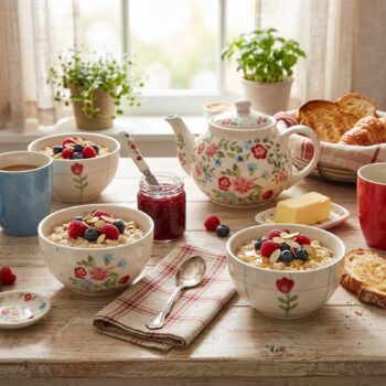Bol en grès émaillé Juliette peint à la main, rempli de porridge garni de fruits rouges et d'amandes, sur une table en bois avec une théière florale et du pain grillé
