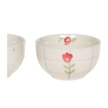 Bol en grès blanc cassé avec des carreaux roses et bleus, orné d'une tulipe rouge peinte à la main, contenance 40cl