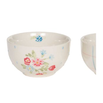 Bol en grès blanc cassé avec un motif floral peint à la main, incluant des fleurs roses, rouges et bleues, et des points bleus sur le bord