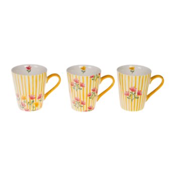 Coffret de 3 mugs Louise en porcelaine, décorés de rayures jaunes et motifs floraux roses, anses jaunes vives