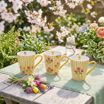 Trois mugs en porcelaine avec rayures jaunes et motifs floraux roses et jaunes, disposés sur une table de jardin avec un bouquet de fleurs