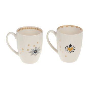 Coffret 2 mugs Amadeus en porcelaine blanche, décorés de messages dorés "BONHEUR" et "POÉSIE" avec motifs bleu nuit et jaune.