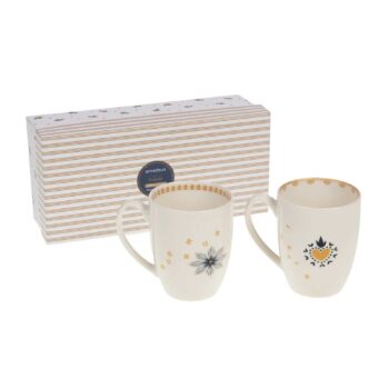Coffret de 2 mugs en porcelaine blanche, l'un avec le mot "Bonheur" et une fleur stylisée, l'autre avec "Poésie" et un cœur, motifs dorés et bleu nuit, boîte cadeau assortie