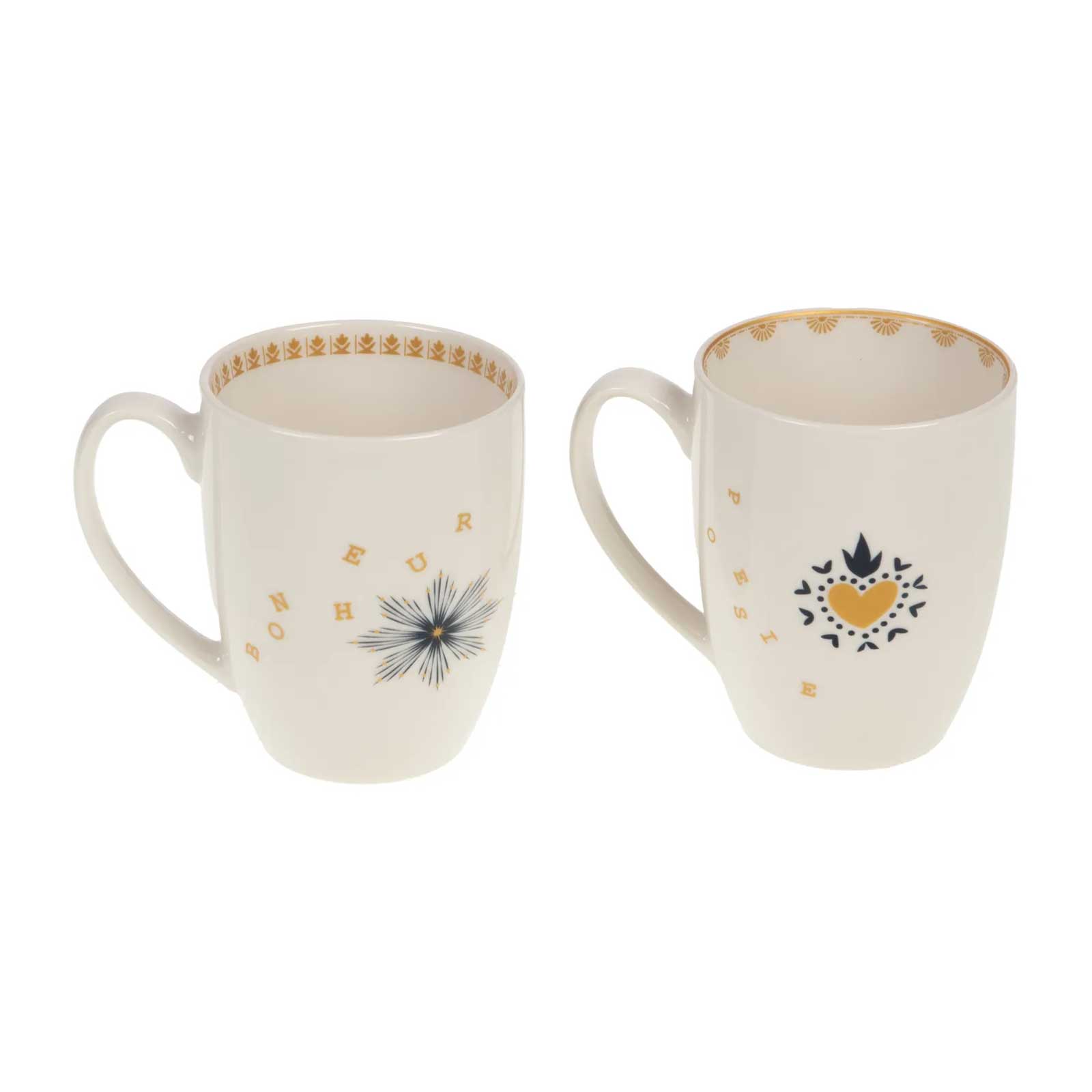Coffret 2 mugs Amadeus en porcelaine blanche, décorés de messages dorés "BONHEUR" et "POÉSIE" avec motifs bleu nuit et jaune.