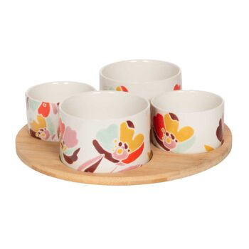 Coffret apéritif Alexia avec plateau rond en bois clair et quatre bols en céramique blanche décor floral coloré