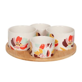 Coffret plateau apéritif Amadeus Alexia avec 4 bols en céramique décorés de fleurs colorées sur un plateau en bois