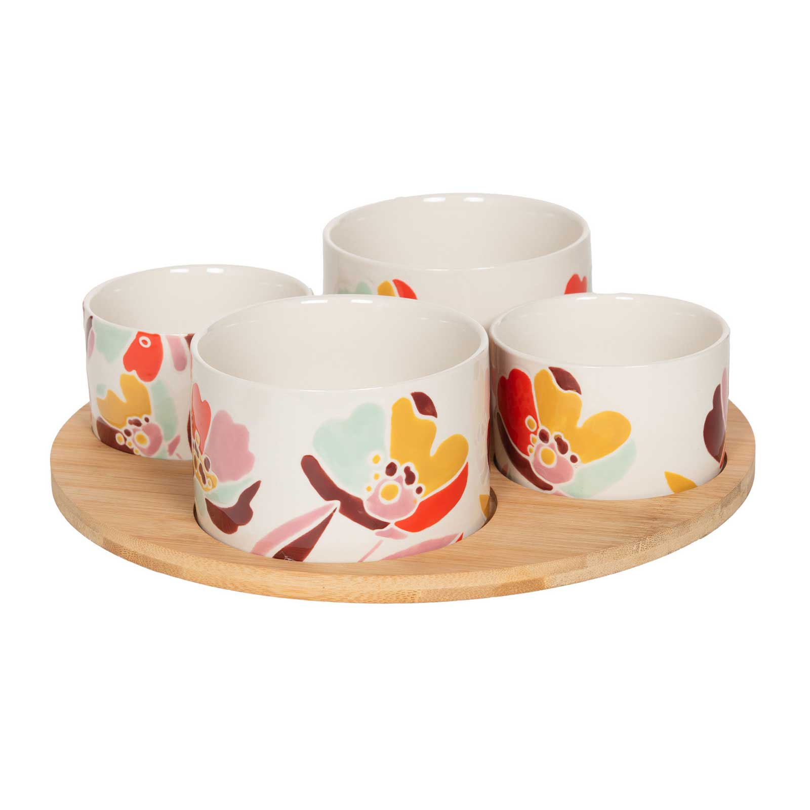 Coffret apéritif Alexia avec plateau rond en bois clair et quatre bols en céramique blanche décor floral coloré