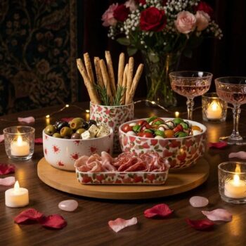 Plateau tournant en bois avec quatre bols en porcelaine décorés de cœurs, servant des olives, du fromage, de la charcuterie et des tomates mozzarella, entouré de bougies et de pétales de roses.