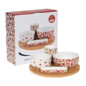 Coffret plateau apéritif Valentine d'Amadeus avec 4 bols en porcelaine à motifs cœurs et un plateau tournant en bois