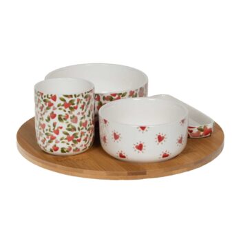 Coffret apéritif Valentine Amadeus : plateau tournant en bois avec quatre bols en porcelaine décorés de cœurs rouges et de feuilles vertes