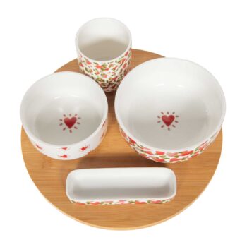 Coffret apéritif Amadeus Valentine avec plateau tournant en bois et quatre bols en porcelaine décorés de cœurs rouges et de feuilles vertes