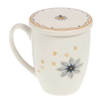 Tisanière Amadeus Poésie en porcelaine blanche avec lettres dorées "BONHEUR" et étoile bleue, couvercle assorti, coffret cadeau