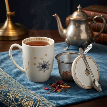 Tisanière Amadeus Poésie en porcelaine blanche avec le mot "Bonheur" doré, un filtre à thé en métal et une cuillère, sur un tissu bleu orné.