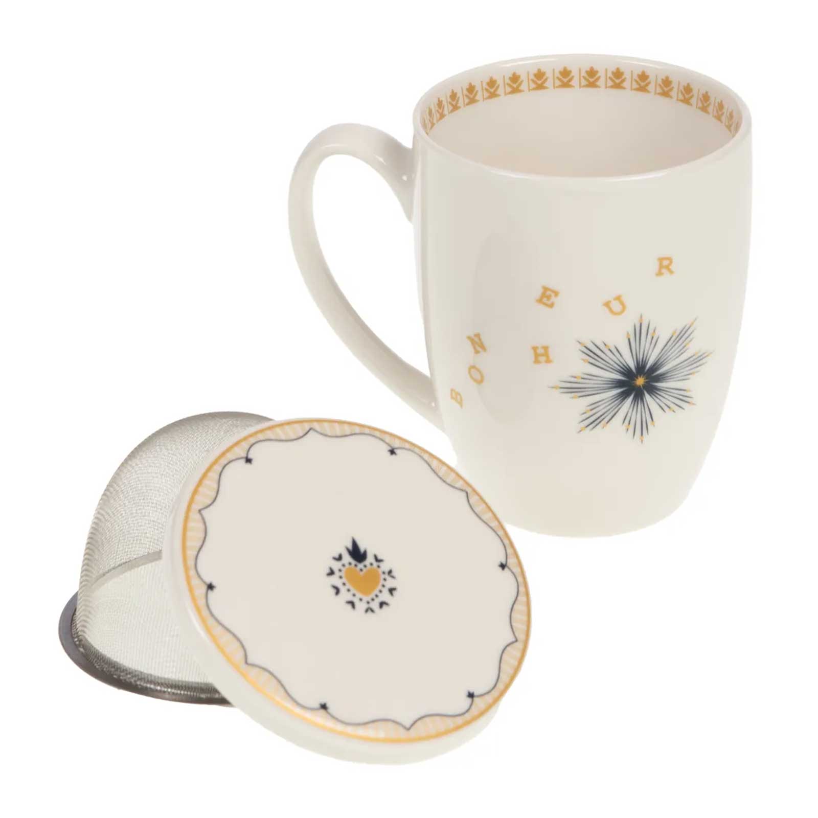 Tisanière Amadeus Poésie en porcelaine blanche avec filtre intégré et couvercle, ornée du mot "Bonheur" doré